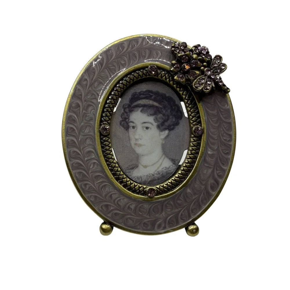 Two's Company Oval Picture Frame Purple Enamel Gold Tone Rhinestone Butterfly